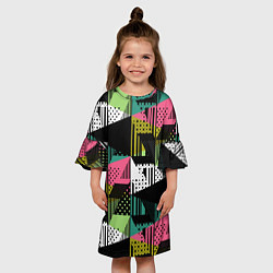 Платье клеш для девочки Черный горошек и полосы на ярком геометрическом фо, цвет: 3D-принт — фото 2