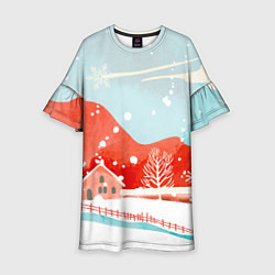 Платье клеш для девочки Зимние новогодние горы, цвет: 3D-принт