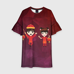 Платье клеш для девочки Аниме мальчик и девочка празднуют китайский новый, цвет: 3D-принт