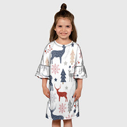 Платье клеш для девочки Олени в новогоднем лесу, цвет: 3D-принт — фото 2