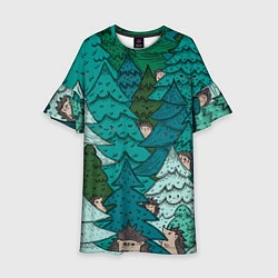 Платье клеш для девочки Ежи в еловом лесу, цвет: 3D-принт
