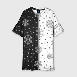 Платье клеш для девочки Рождественские снежинки на черно-белом фоне, цвет: 3D-принт