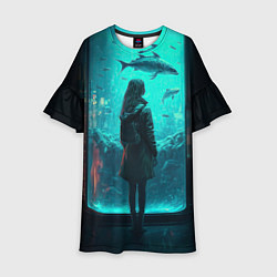 Платье клеш для девочки Девушка и аквариум, цвет: 3D-принт