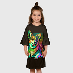 Платье клеш для девочки Неоновый корги, цвет: 3D-принт — фото 2