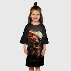 Платье клеш для девочки Инопланетянин с букетом цветов, цвет: 3D-принт — фото 2