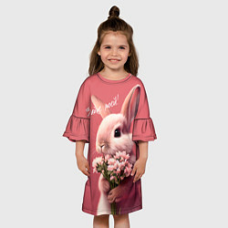 Платье клеш для девочки Розовый заяц с цветами, цвет: 3D-принт — фото 2