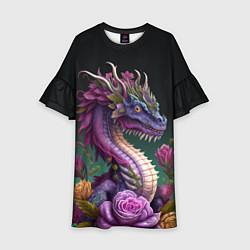 Платье клеш для девочки Неоновый дракон с цветами, цвет: 3D-принт