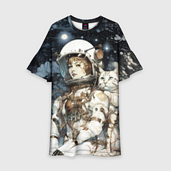 Платье клеш для девочки Девушка космонавт с белым котом, цвет: 3D-принт
