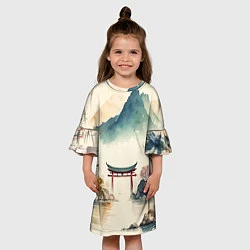 Платье клеш для девочки Японский пейзаж - акварель, цвет: 3D-принт — фото 2