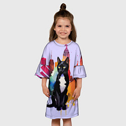 Платье клеш для девочки Милая кисуля в Нью-Йорке - акварель, цвет: 3D-принт — фото 2