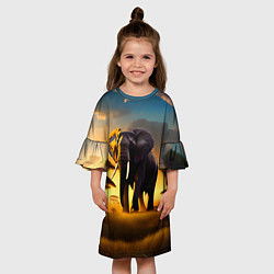 Платье клеш для девочки Слон и рассвет в саванне, цвет: 3D-принт — фото 2