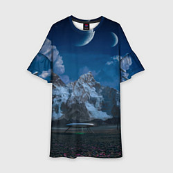Платье клеш для девочки Ночные горы в природе и небо с нло, цвет: 3D-принт