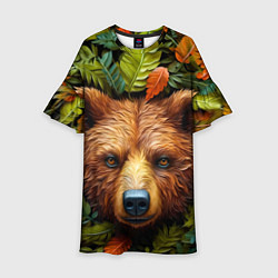 Платье клеш для девочки Медведь в листьях, цвет: 3D-принт