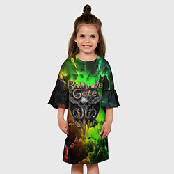 Платье клеш для девочки Baldurs Gate 3 logo dark red green fire, цвет: 3D-принт — фото 2