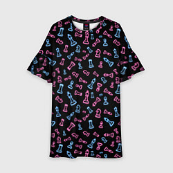 Платье клеш для девочки Неоновые розовые и голубые шахматные фигуры на чер, цвет: 3D-принт