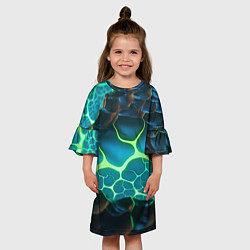 Платье клеш для девочки Разлом синих и зеленых неоновых плит, цвет: 3D-принт — фото 2