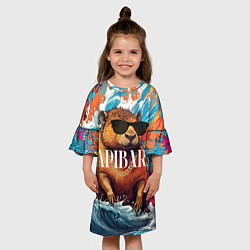 Платье клеш для девочки Капибара в очках на красочных волнах, цвет: 3D-принт — фото 2