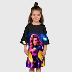 Платье клеш для девочки Девушка в неоновом комбинезоне на фоне ночного гор, цвет: 3D-принт — фото 2