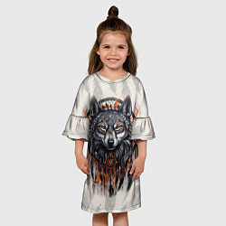 Платье клеш для девочки Волк и ловец снов с перьями, цвет: 3D-принт — фото 2
