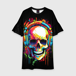 Платье клеш для девочки Яркий череп в наушниках нарисованный красками, цвет: 3D-принт