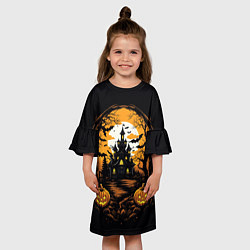 Платье клеш для девочки Ночной хэллоуинский замок и тыквы, цвет: 3D-принт — фото 2