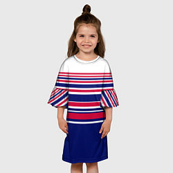 Платье клеш для девочки Красные и синие полосы на белом фоне, цвет: 3D-принт — фото 2