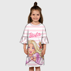 Платье клеш для девочки Барби с щенком: розово-белая горизонтальная полоск, цвет: 3D-принт — фото 2