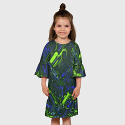 Платье клеш для девочки Киберпанк линии зелёные и синие, цвет: 3D-принт — фото 2