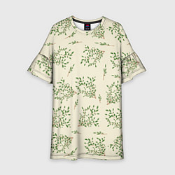 Платье клеш для девочки Веточки с зелеными листьями, цвет: 3D-принт