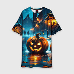 Платье клеш для девочки Темная ночная улица и жуткие тыквы, цвет: 3D-принт