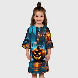 Платье клеш для девочки Темная ночная улица и жуткие тыквы, цвет: 3D-принт — фото 2