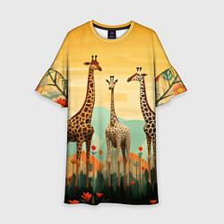 Платье клеш для девочки Три жирафа в стиле фолк-арт, цвет: 3D-принт