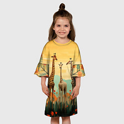 Платье клеш для девочки Три жирафа в стиле фолк-арт, цвет: 3D-принт — фото 2