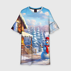 Платье клеш для девочки Новогодняя деревня и снеговик, цвет: 3D-принт