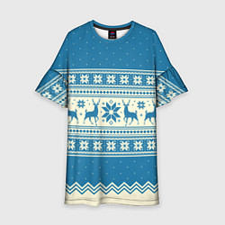 Платье клеш для девочки Sweater with deer on a blue background, цвет: 3D-принт