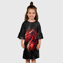 Платье клеш для девочки Красный дракон на полигональном черном фоне, цвет: 3D-принт — фото 2