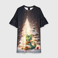 Платье клеш для девочки Чиби-дракон под ёлкой с подарками, цвет: 3D-принт