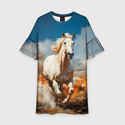 Платье клеш для девочки Белая лошадь скачет в поле, цвет: 3D-принт