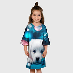Платье клеш для девочки Белый щенок с розовыми и голубыми шариками, цвет: 3D-принт — фото 2