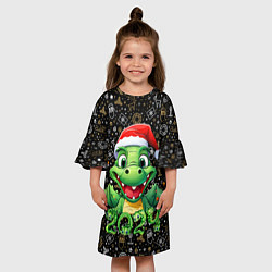 Платье клеш для девочки Зеленый дракон на черном фоне 2024, цвет: 3D-принт — фото 2