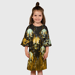 Платье клеш для девочки Жёлтые черепа на чёрном фоне, цвет: 3D-принт — фото 2