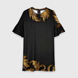 Платье клеш для девочки Золотые объемные листья на черном, цвет: 3D-принт