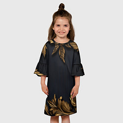 Платье клеш для девочки Золотые объемные листья на черном, цвет: 3D-принт — фото 2