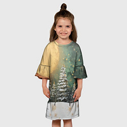 Платье клеш для девочки Большая луна и новогодний лес, цвет: 3D-принт — фото 2