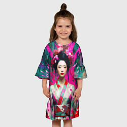 Платье клеш для девочки Сад сакуры - гейша в традиционном японском кимоно, цвет: 3D-принт — фото 2