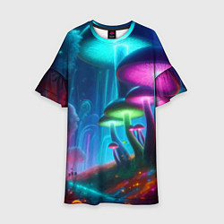 Платье клеш для девочки Планета цветных неоновых грибов, цвет: 3D-принт