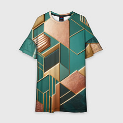 Платье клеш для девочки Арт деко зеленый и золотой узор из геометрических, цвет: 3D-принт