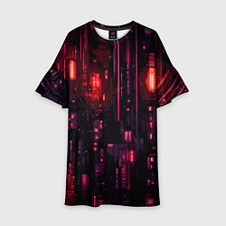 Платье клеш для девочки Киберпанк светящиеся красные элементы, цвет: 3D-принт