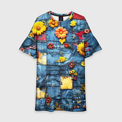 Платье клеш для девочки Подсолнухи на джинсах, цвет: 3D-принт