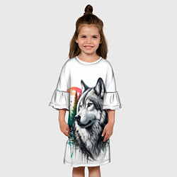 Платье клеш для девочки Портрет волка на фоне природы, цвет: 3D-принт — фото 2